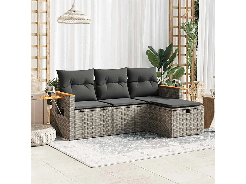 Salon de jardin 4 pièces avec coussins gris résine tressée