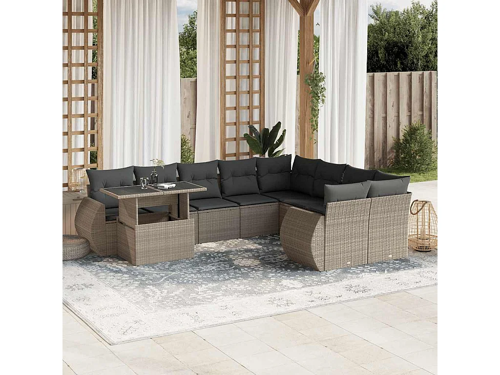 10-delige Loungeset met kussens poly rattan lichtgrijs