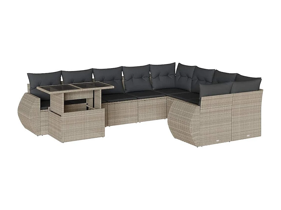 10-delige Loungeset met kussens poly rattan lichtgrijs