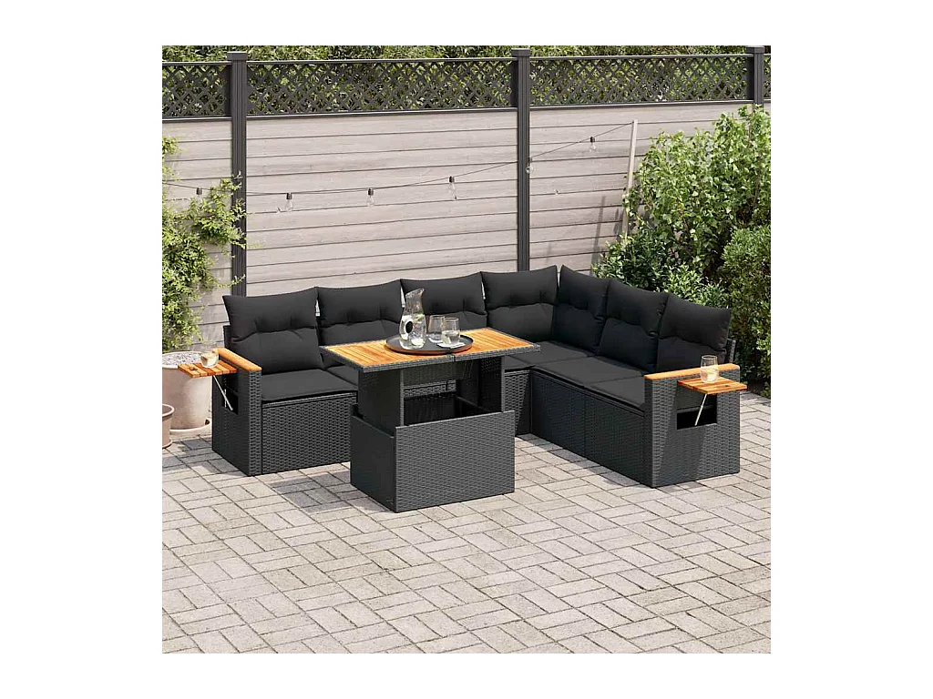 6 peças conjunto sofás jardim com almofadões vime PE/acácia preto