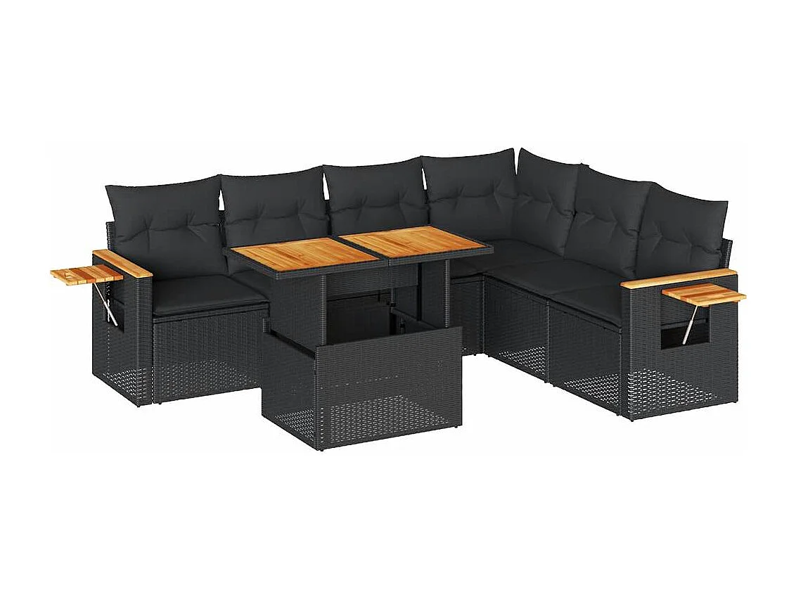 7-delige Loungeset met kussens poly rattan acacia zwart