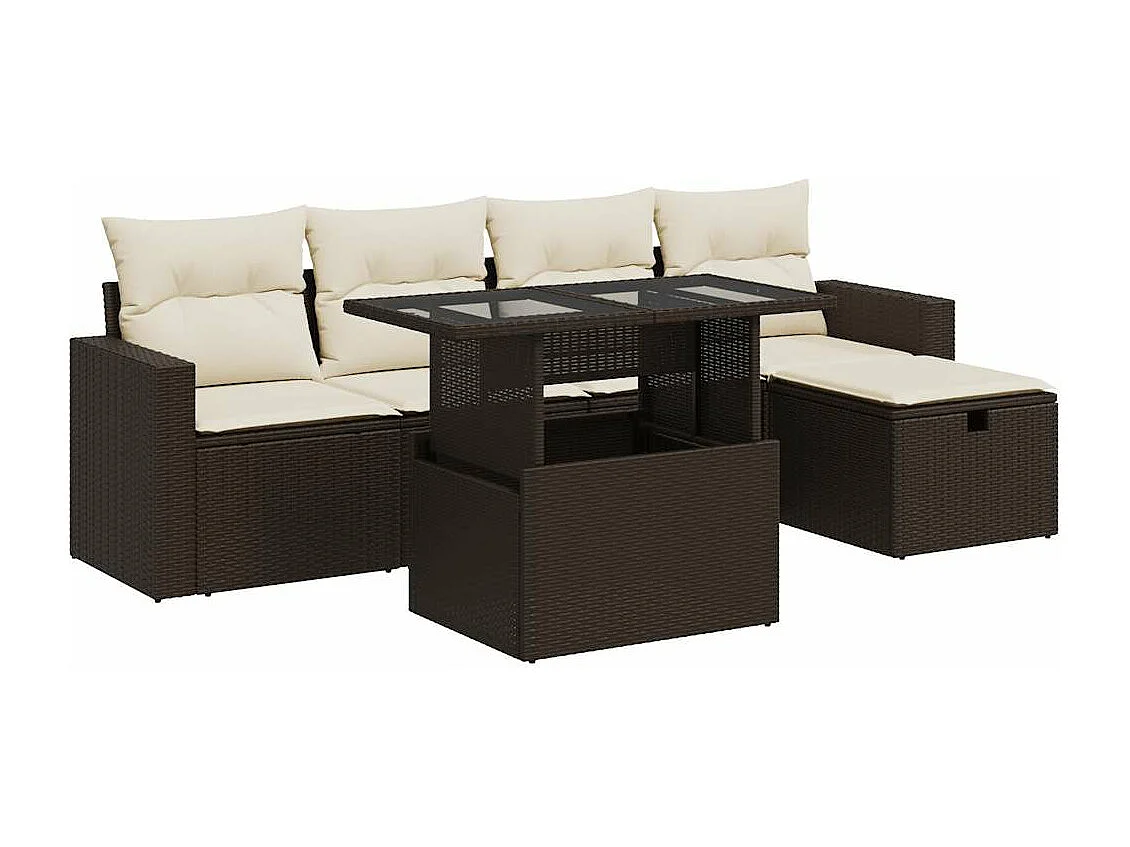 6-delige Loungeset met kussens poly rattan bruin