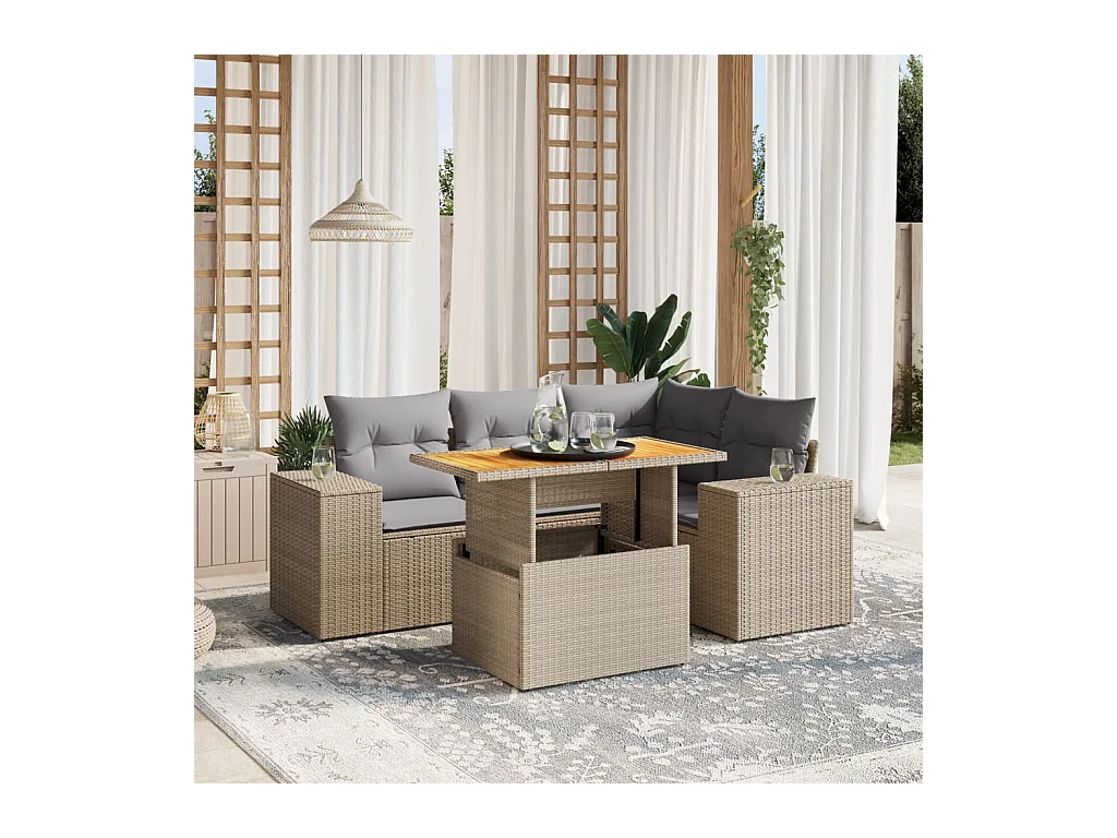 Salon de jardin avec coussins 5 pièces beige résine tressée