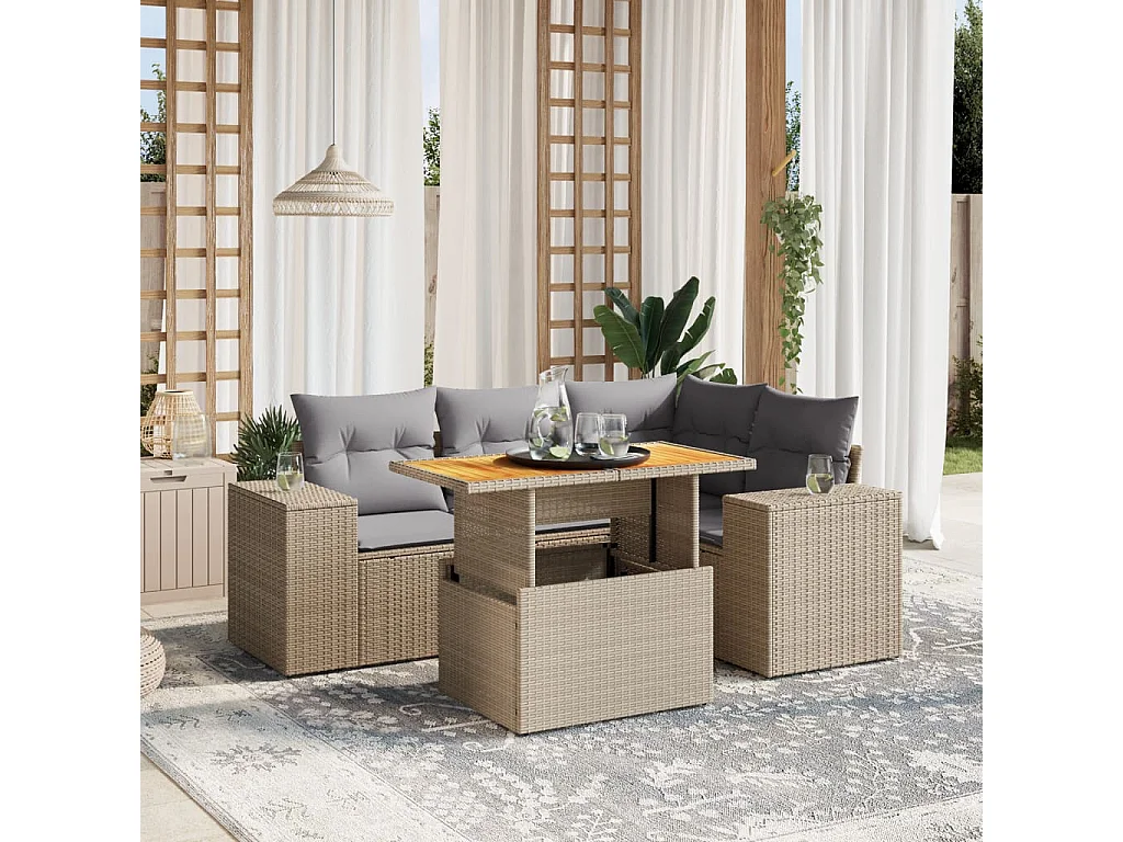 Salon de jardin avec coussins 5 pièces beige résine tressée