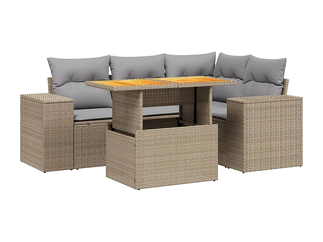 Salon de jardin avec coussins 5 pièces beige résine tressée