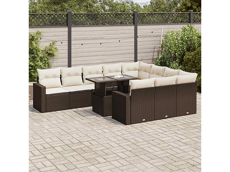 Salon de jardin et coussins 11 pièces marron résine tressée