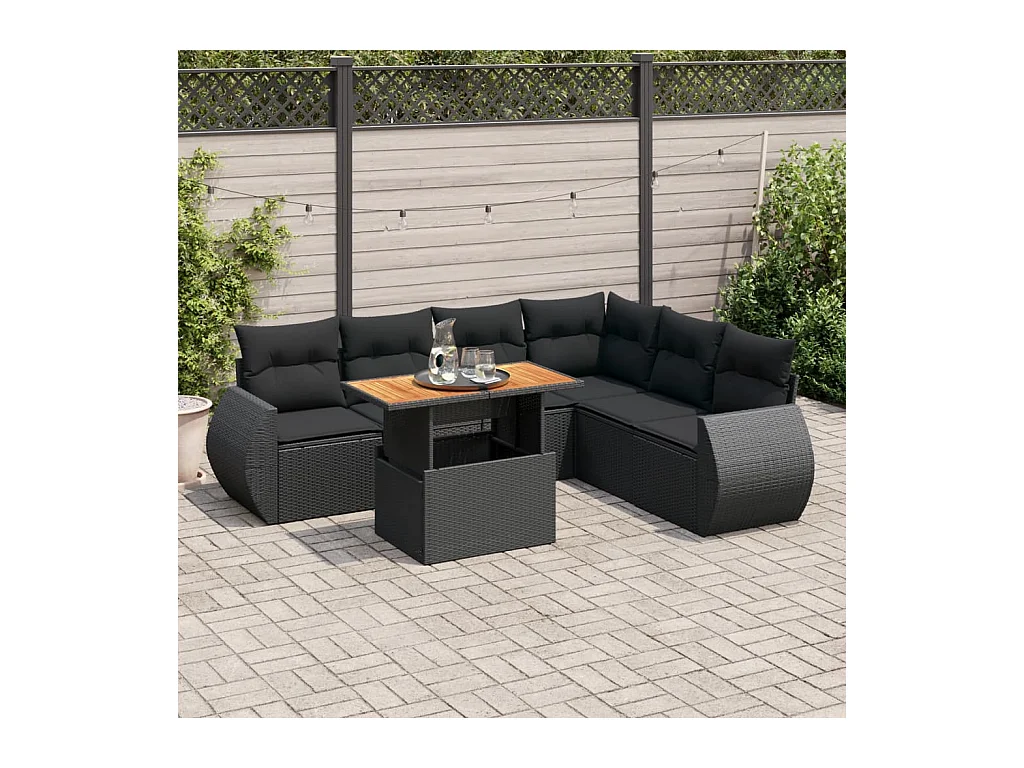 Set de sofás de jardín 7 piezas con cojines ratán sintético negro