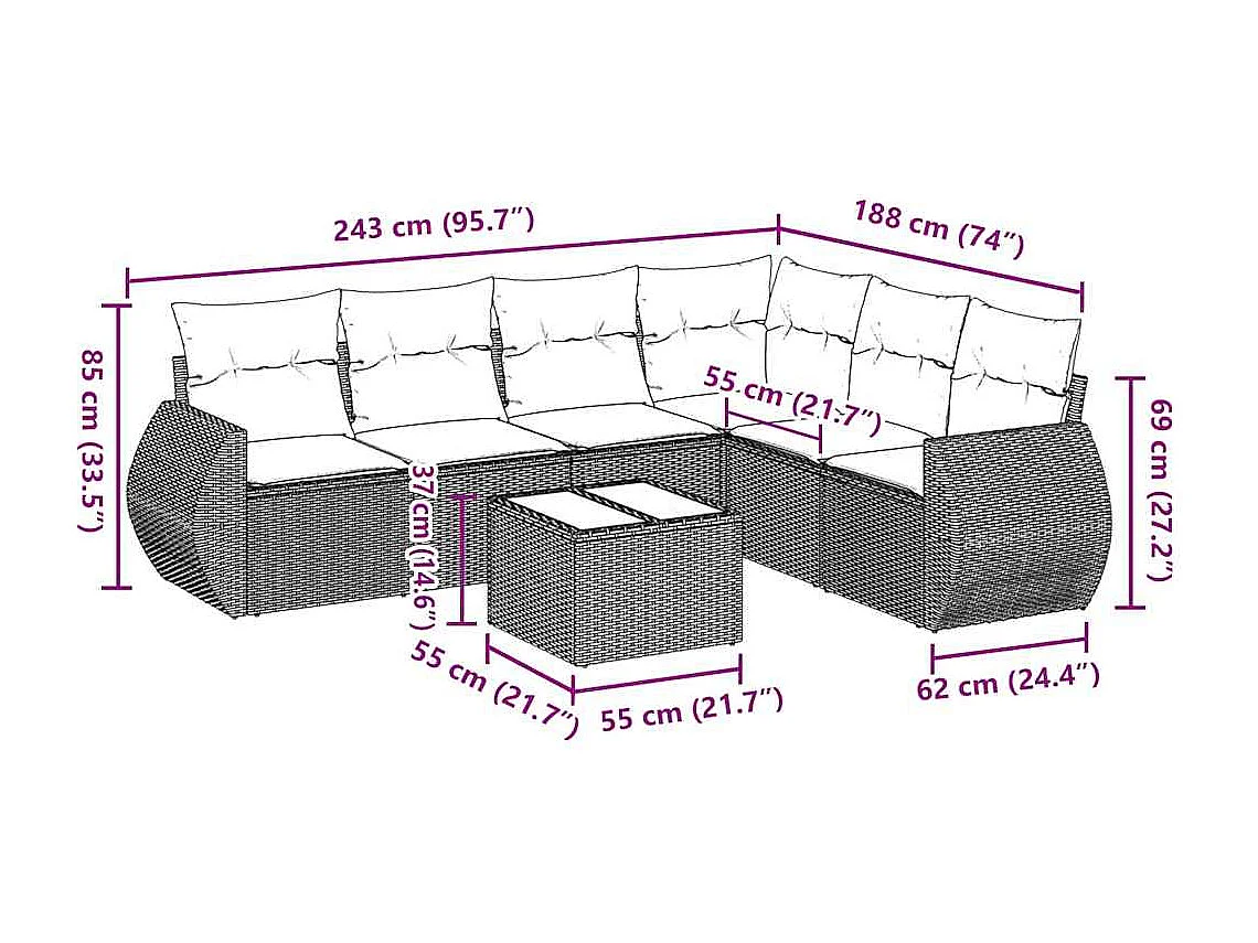 Salon de jardin avec coussins 7 pièces gris clair résine tressée