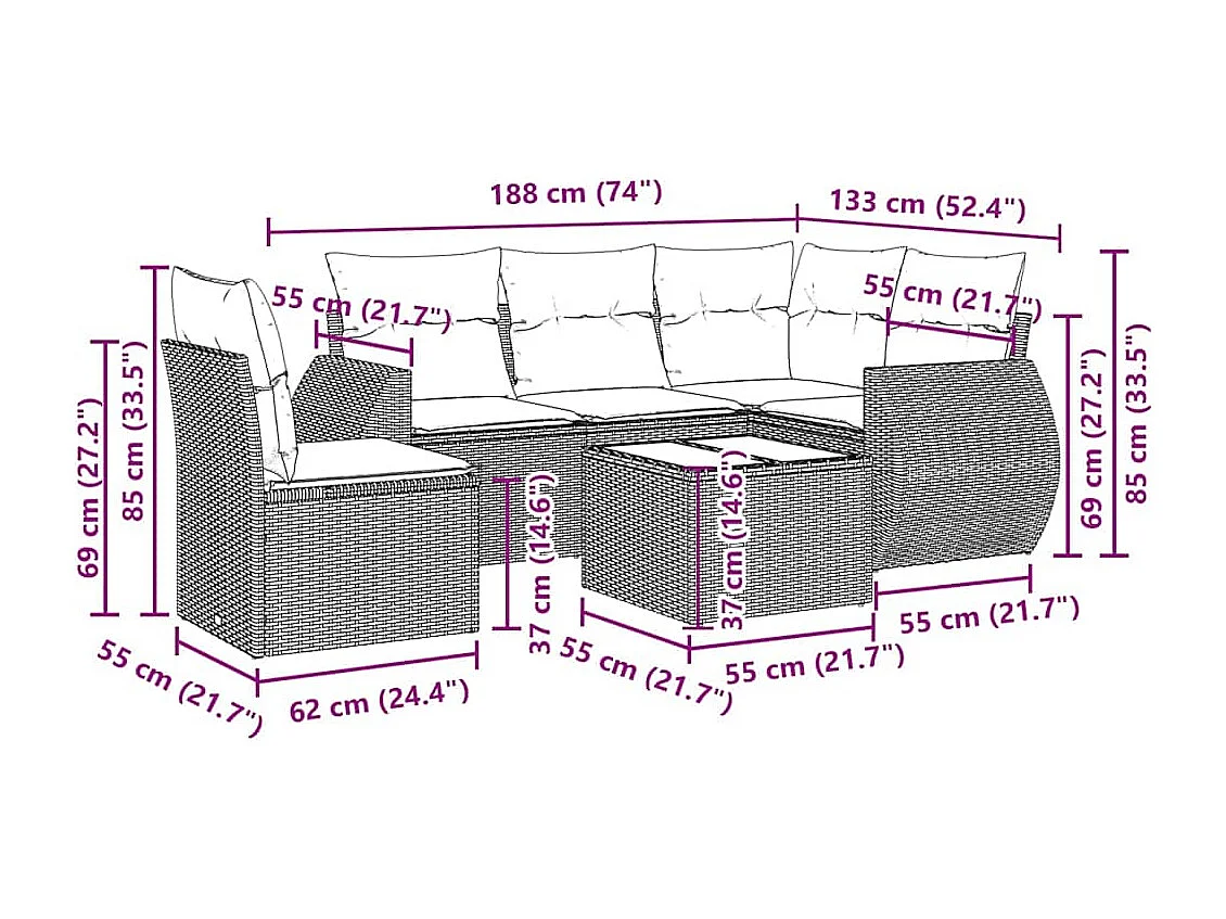 Set de sofás de jardín 6 piezas y cojines ratán sintético gris