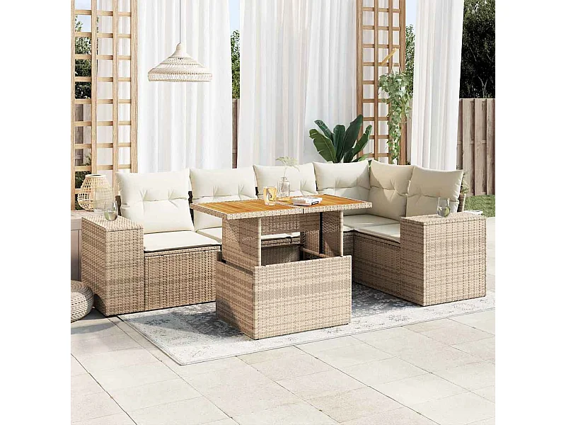 6-delige Loungeset met kussens poly rattan beige