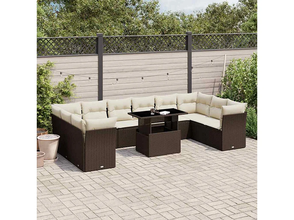 11-delige Loungeset met kussens poly rattan bruin