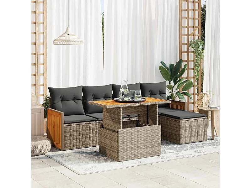 6-delige Loungeset met kussens poly rattan acacia grijs