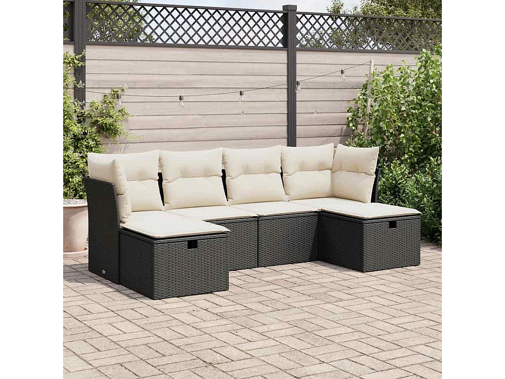 6-delige Loungeset met kussens poly rattan zwart