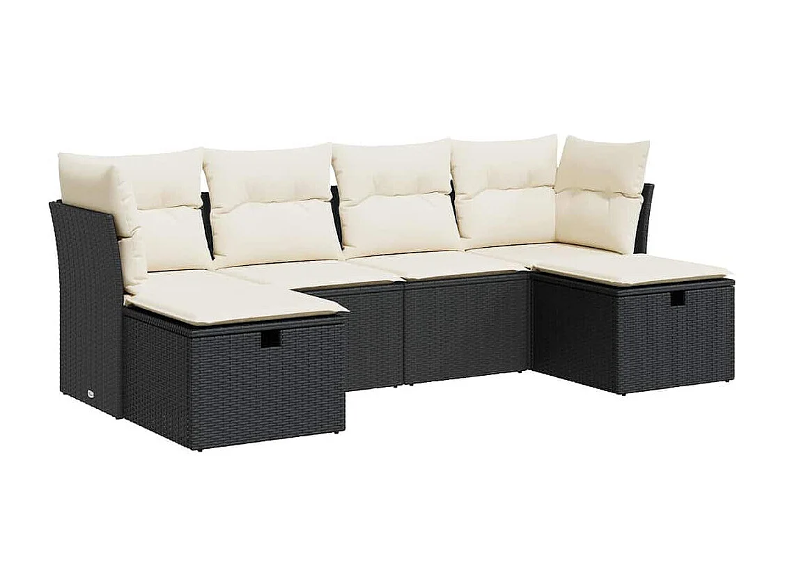 6-delige Loungeset met kussens poly rattan zwart