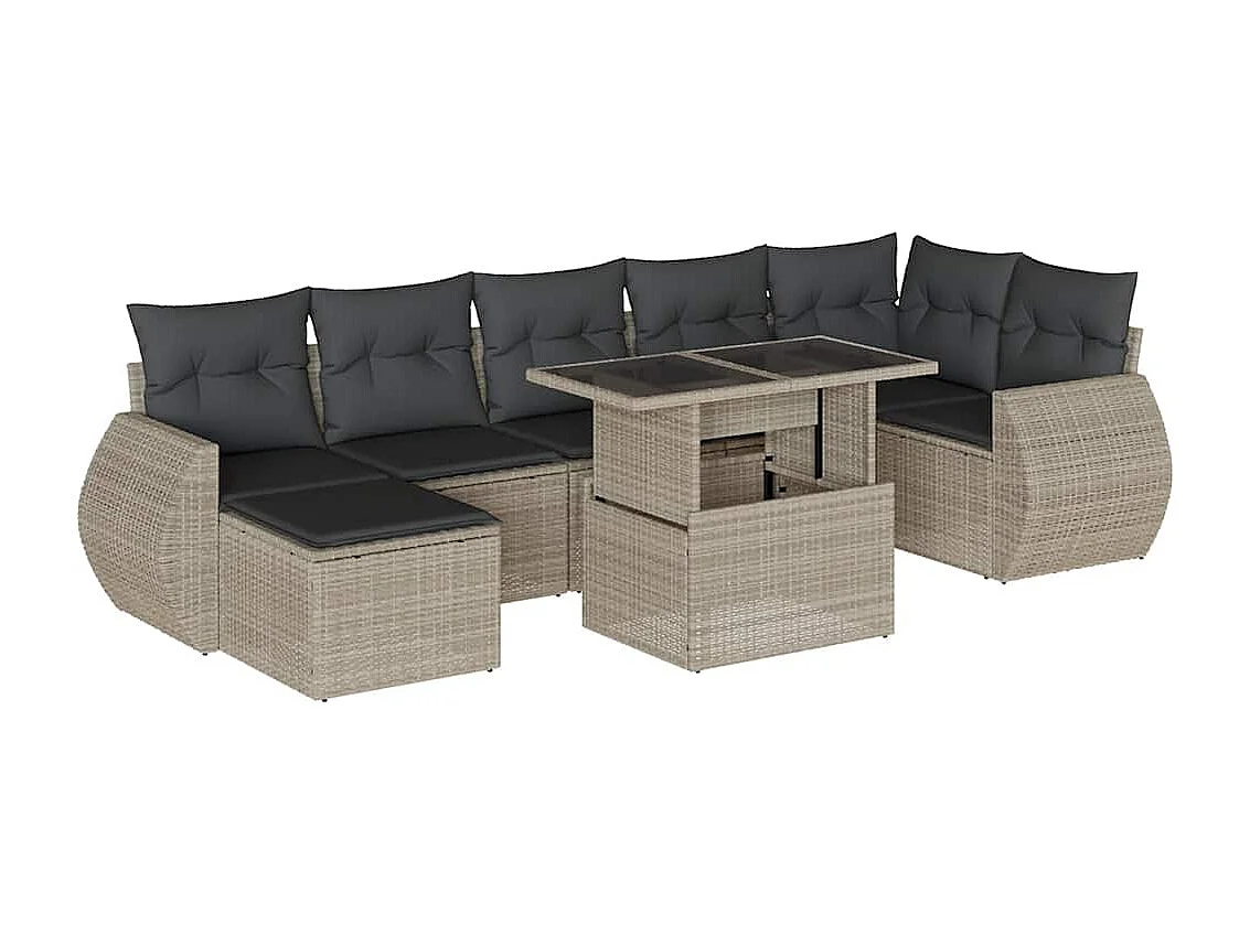 8-delige Loungeset met kussens poly rattan lichtgrijs