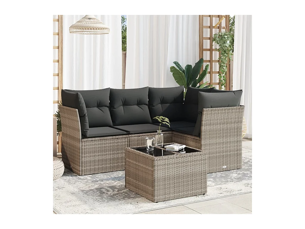 Set de sofás jardín y cojines 5 piezas ratán sintético gris claro