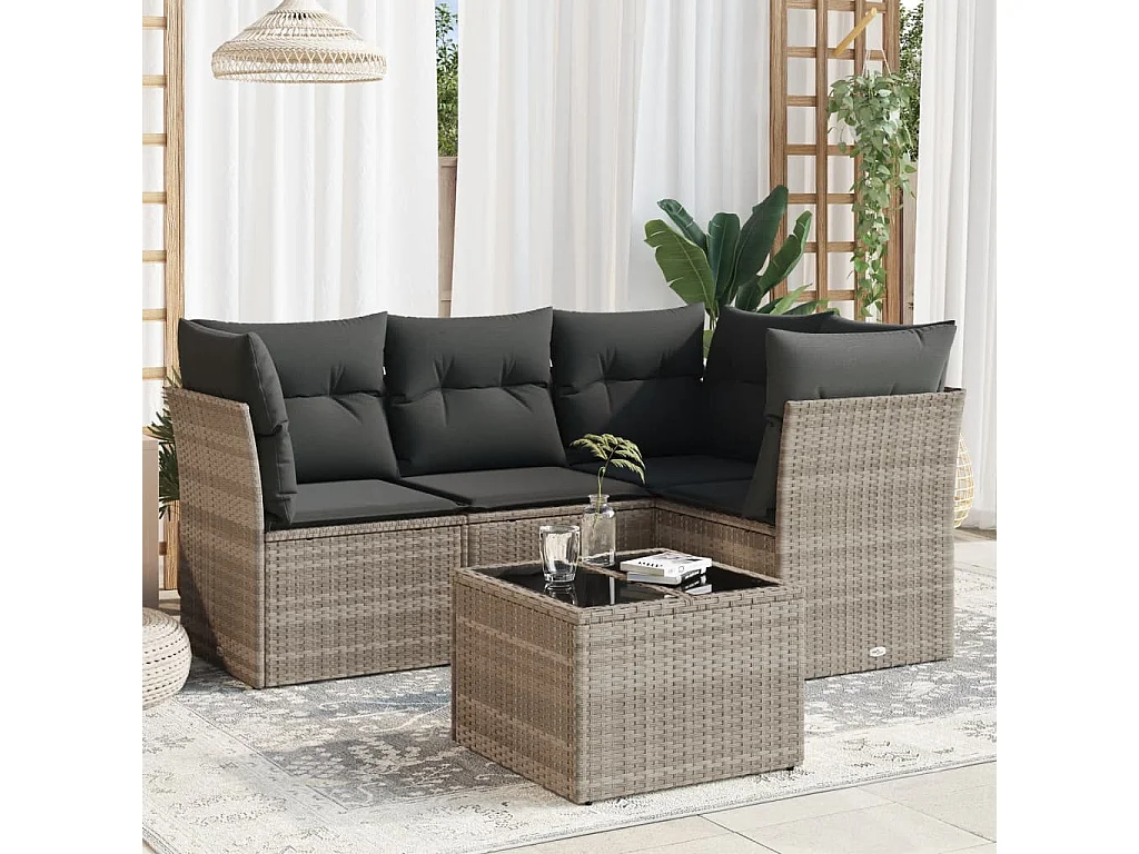 Salon de jardin 5 pièces avec coussins gris clair résine tressée