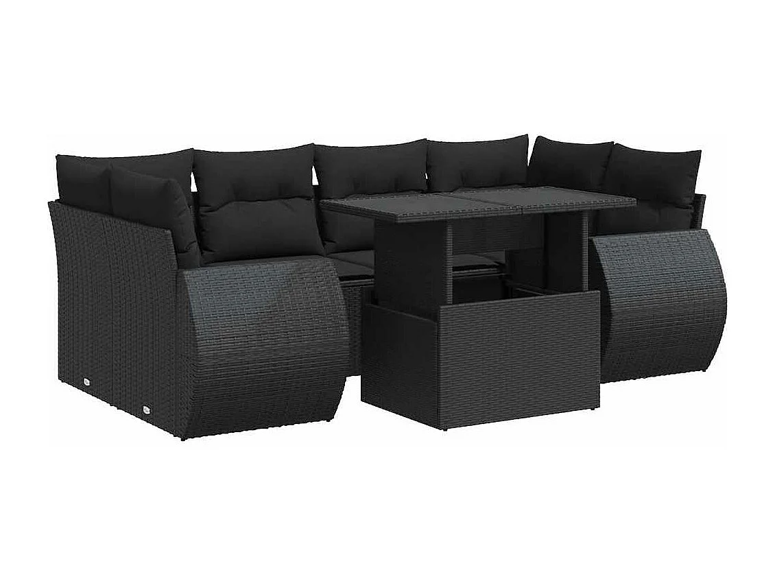 7-delige Loungeset met kussens poly rattan zwart