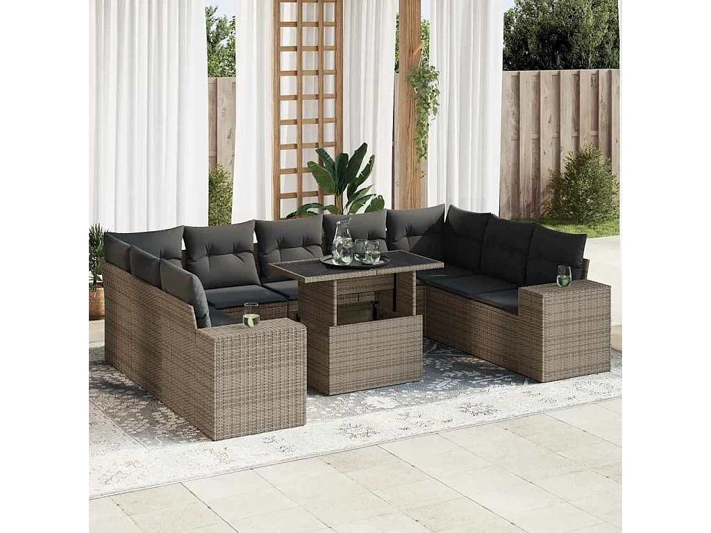 10-delige Loungeset met kussens poly rattan grijs