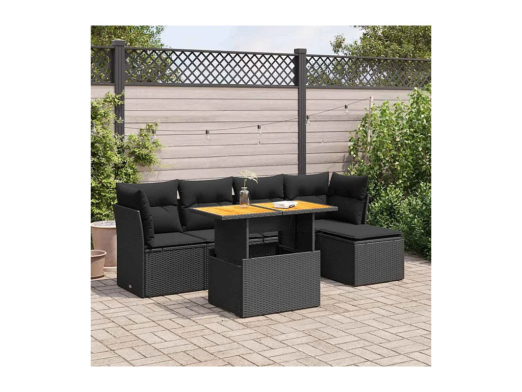 Salon de jardin 6 pièces avec coussins noir résine tressée