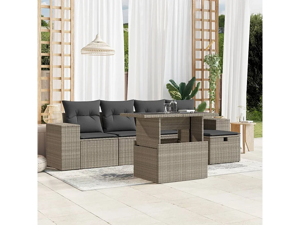 Set de sofás de jardín 6 piezas y cojines ratán sintético gris