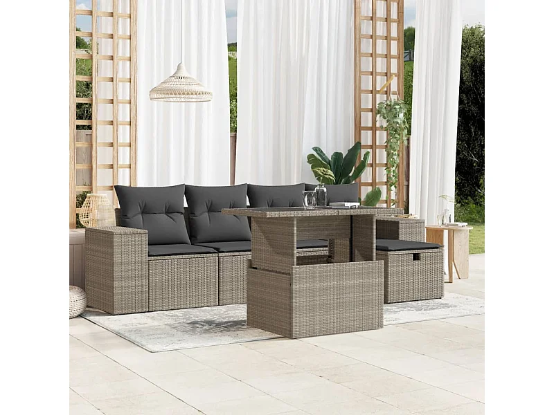 Set de sofás de jardín 6 piezas y cojines ratán sintético gris