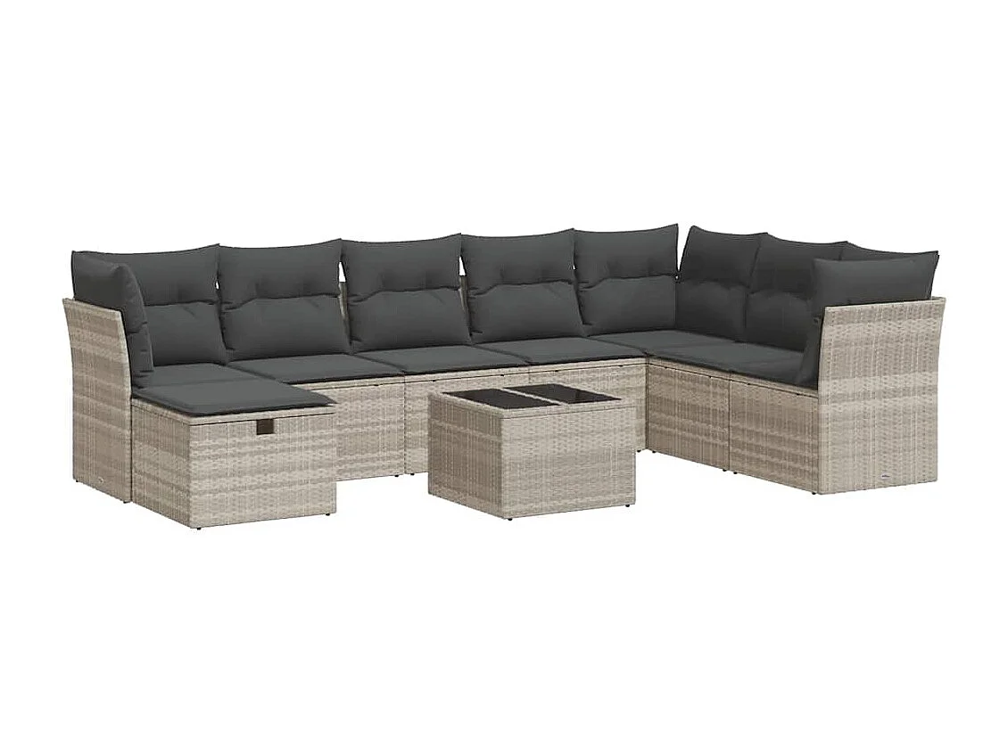 Salon de jardin 9 pièces avec coussins gris clair résine tressée