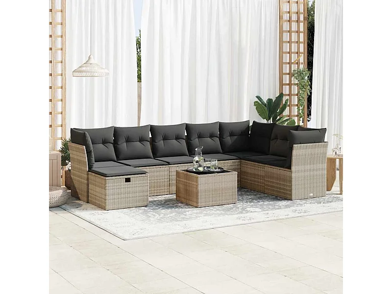 Salon de jardin 9 pièces avec coussins gris clair résine tressée