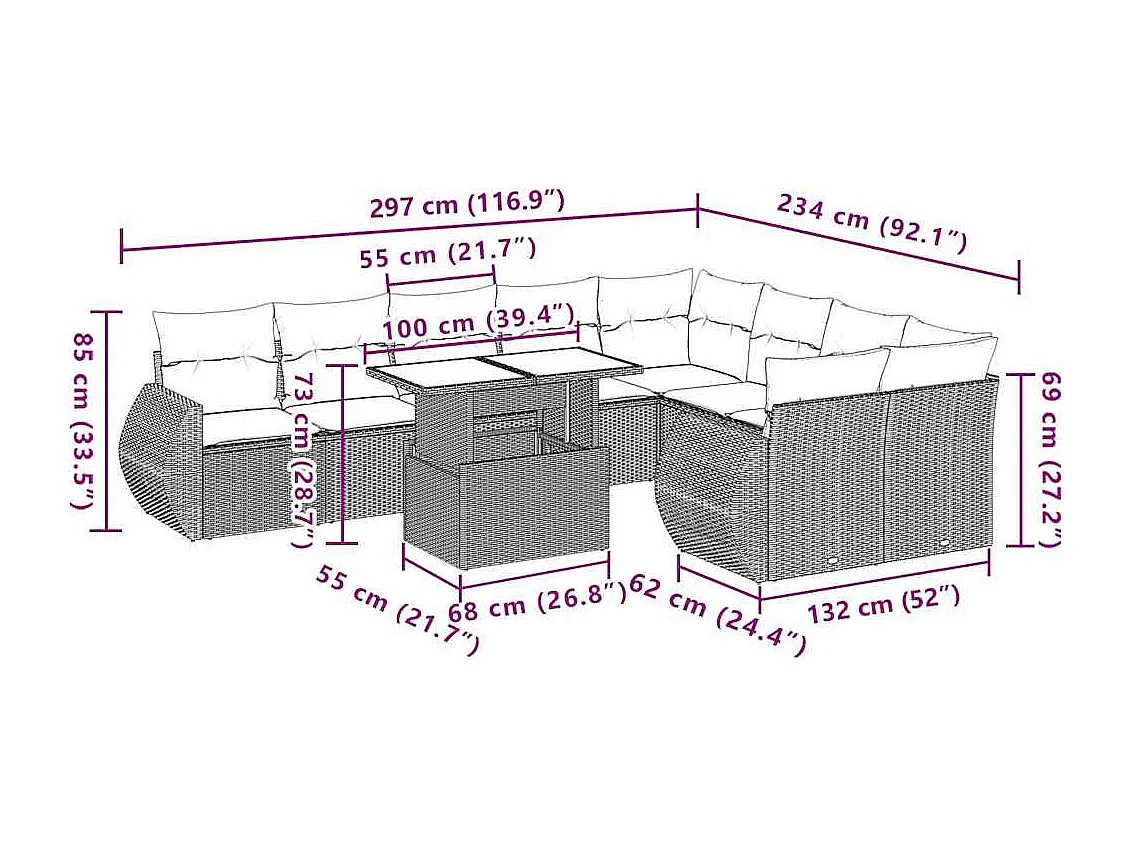 Salon de jardin avec coussins 10 pièces beige résine tressée