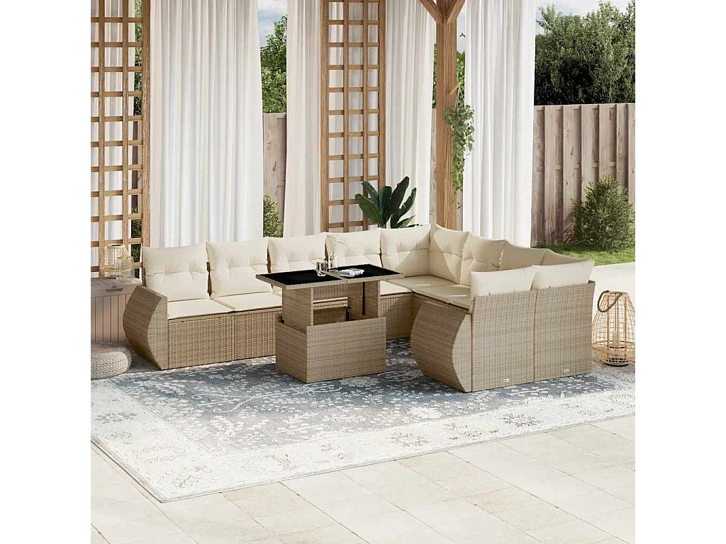 Salon de jardin avec coussins 10 pièces beige résine tressée