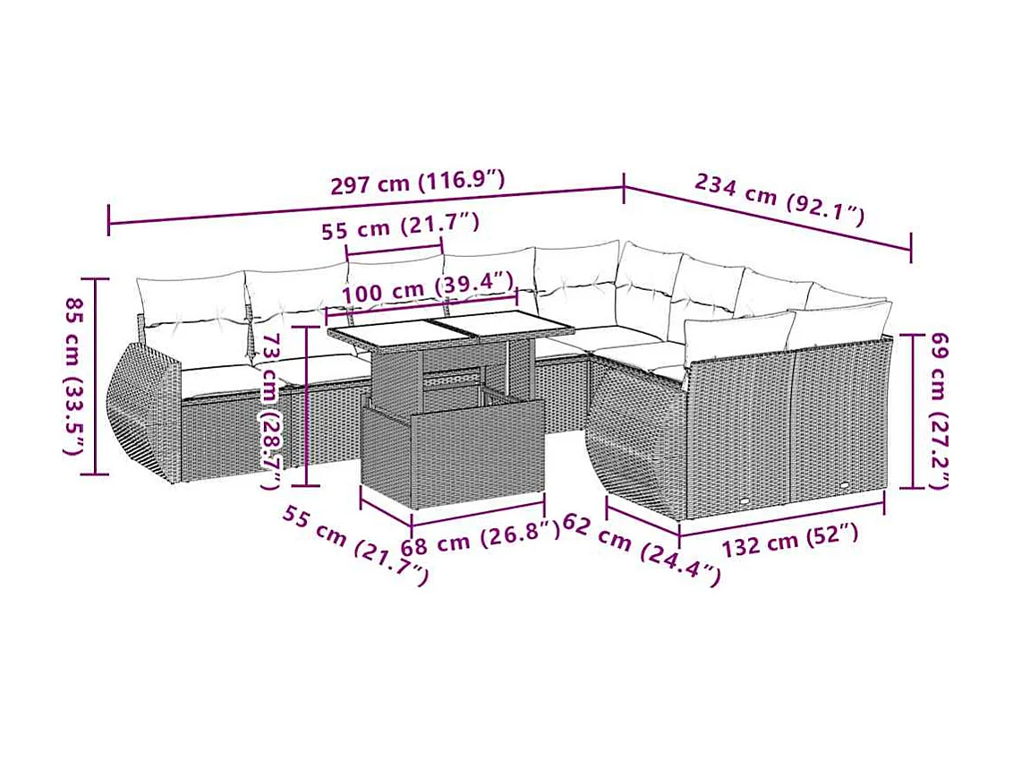 Salon de jardin avec coussins 10 pièces beige résine tressée