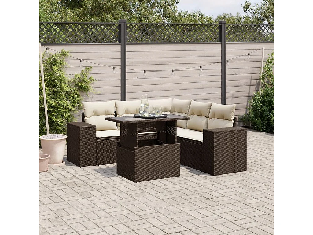 Set sofás de jardín 6 piezas y cojines ratán sintético marrón
