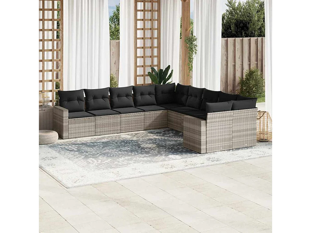 Salon de jardin avec coussins 10 pièces gris clair résine tressée