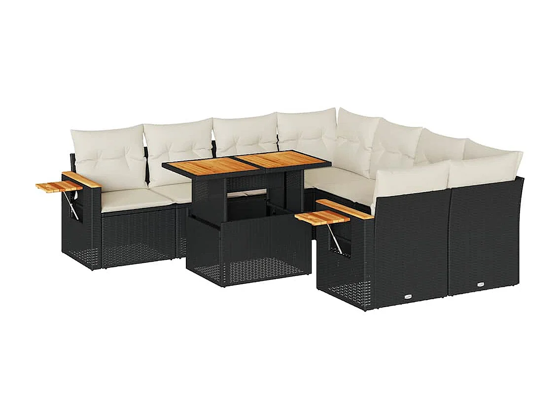 9-delige Loungeset met kussens poly rattan acacia zwart