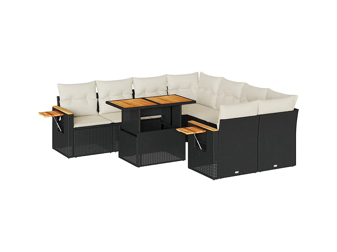 Salon de jardin avec coussins 9 pièces noir résine tressée acacia