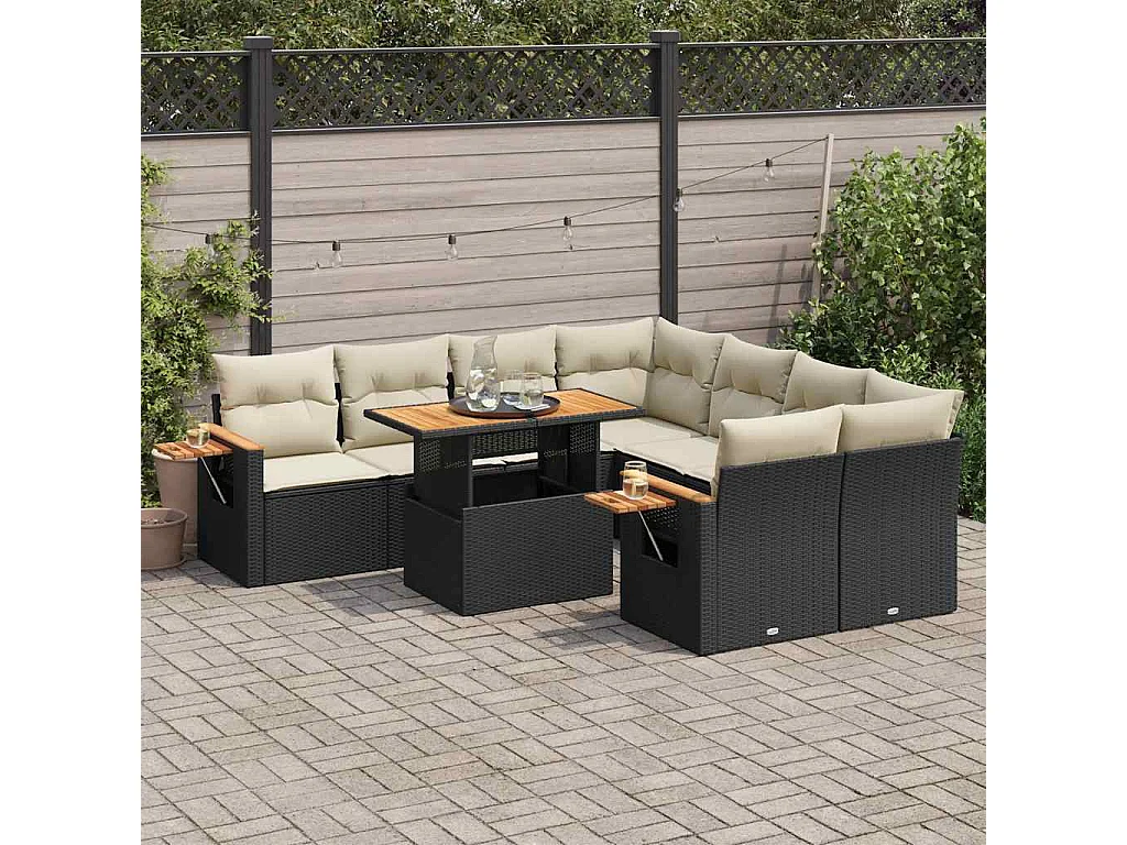 Salon de jardin avec coussins 9 pièces noir résine tressée acacia