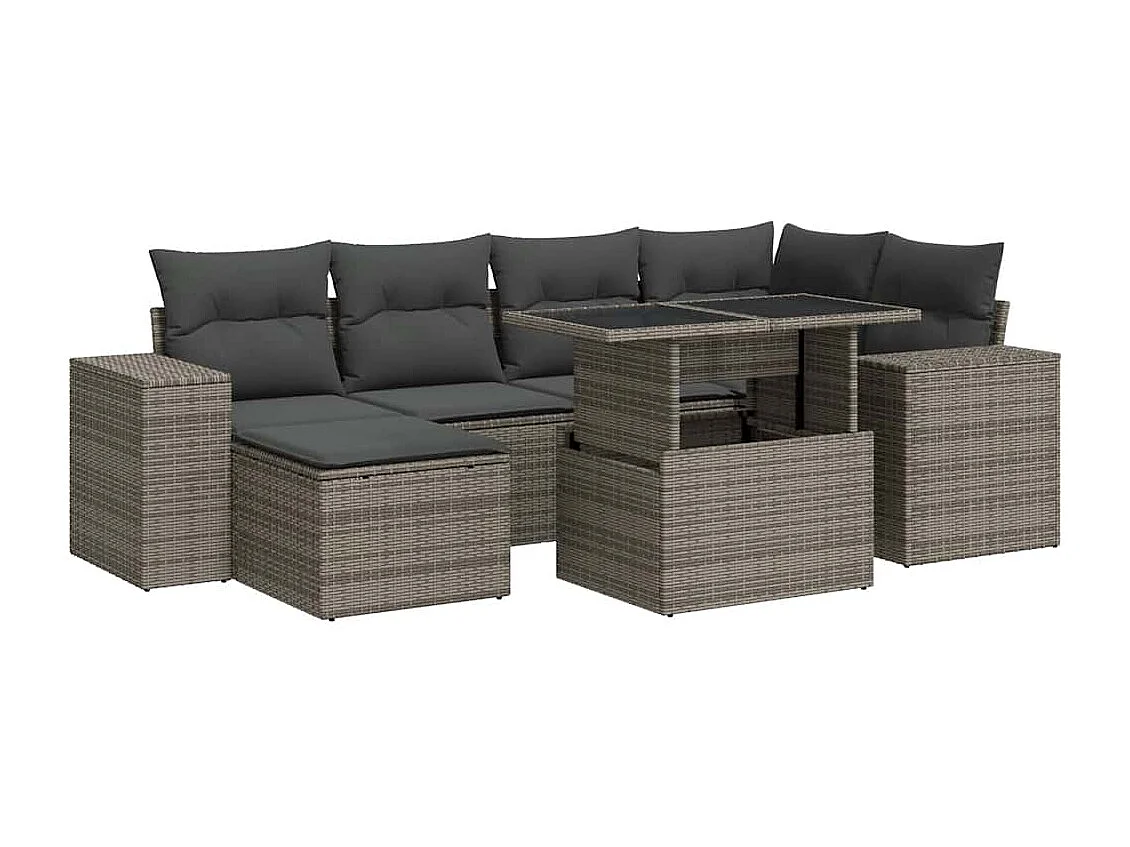 Set de sofás de jardín 7 piezas con cojines ratán sintético gris