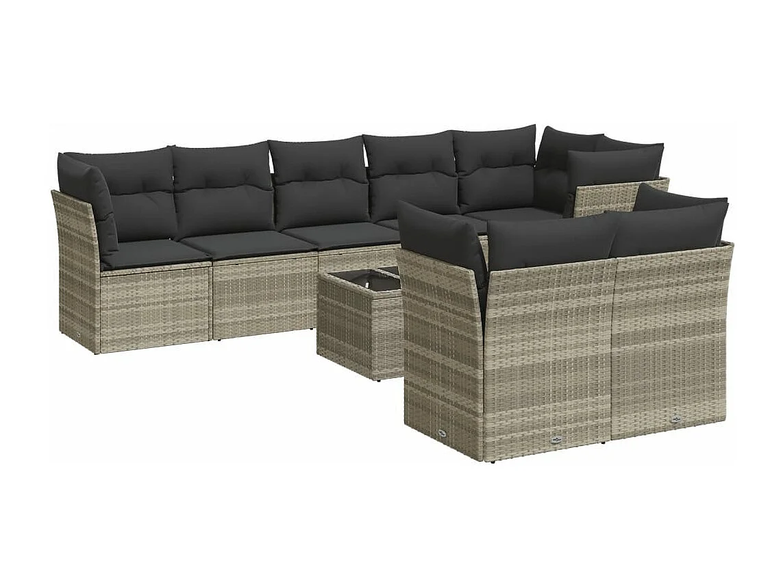 Salon de jardin 9 pièces avec coussins gris clair résine tressée