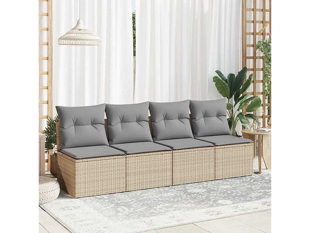 Salon de jardin avec coussins 4 pièces beige résine tressée acacia