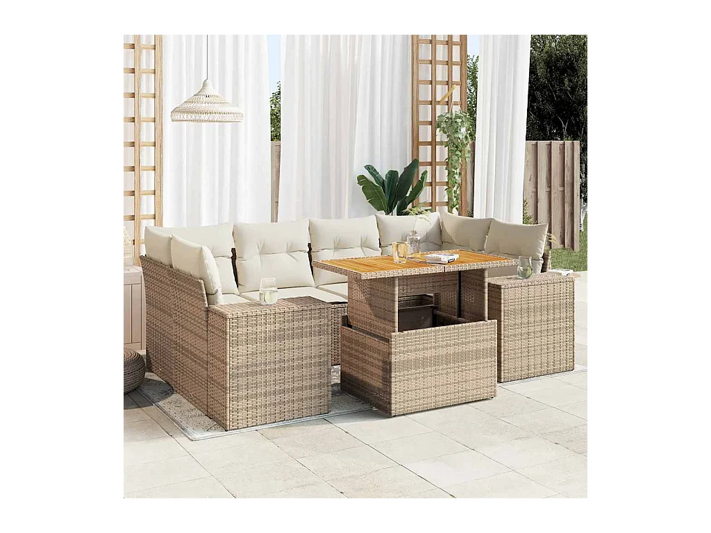 7 peças conjunto de sofás para jardim com almofadões vime PE bege