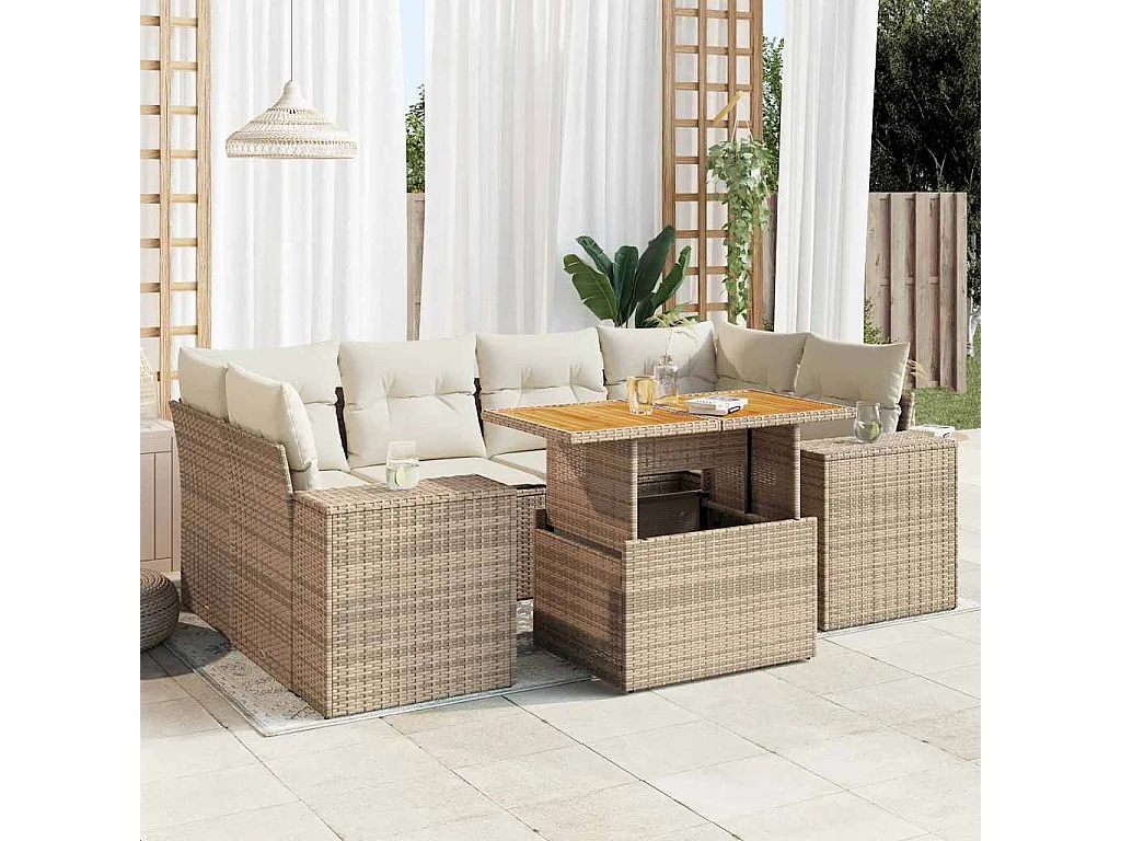 7-delige Loungeset met kussens poly rattan beige