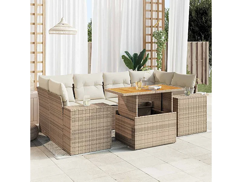 7-delige Loungeset met kussens poly rattan beige