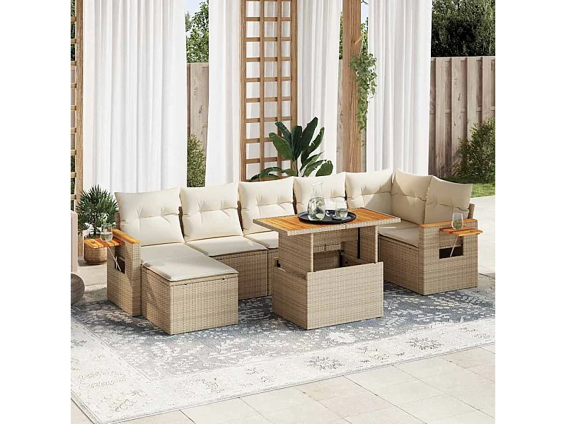 Salon de jardin avec coussins 8 pièces beige résine tressée acacia