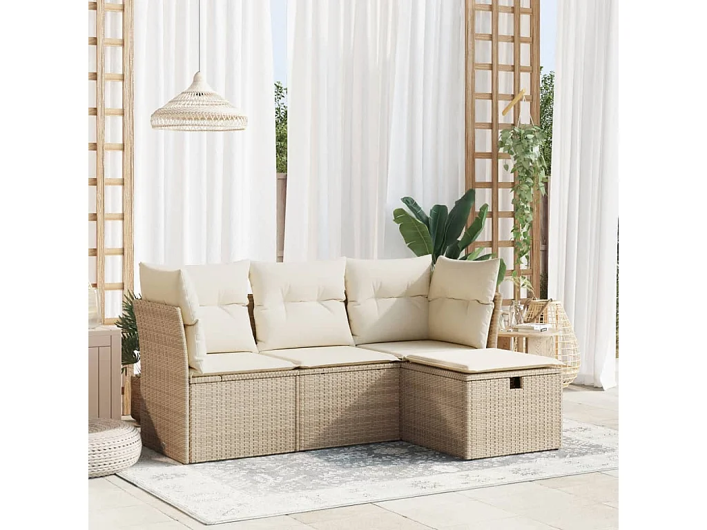 Salon de jardin avec coussins 4 pièces beige résine tressée