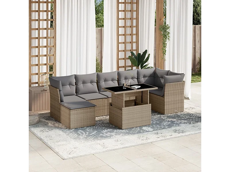 Salon de jardin avec coussins 8 pièces beige résine tressée