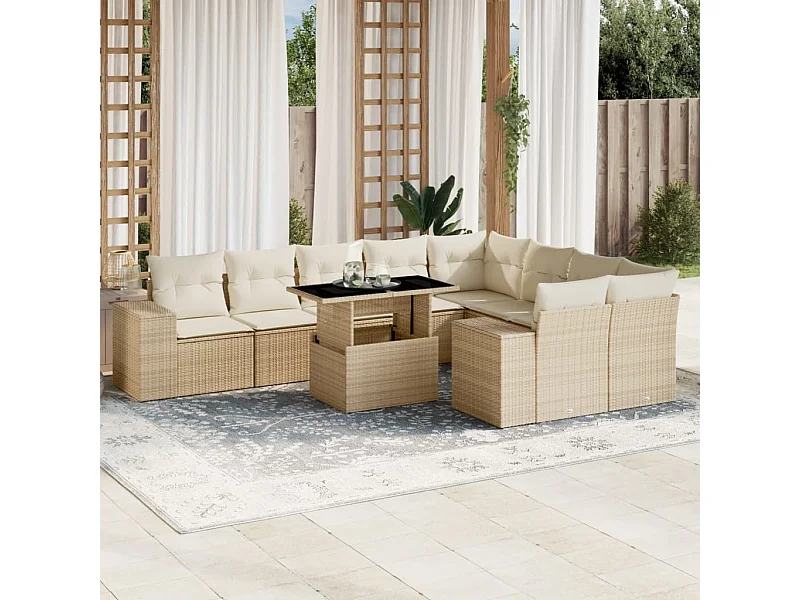 Salon de jardin avec coussins 10 pièces beige résine tressée