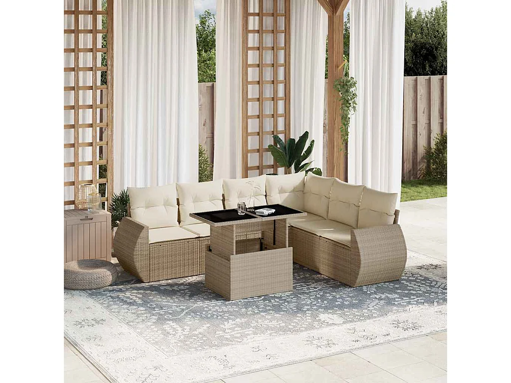 7-delige Loungeset met kussens poly rattan beige
