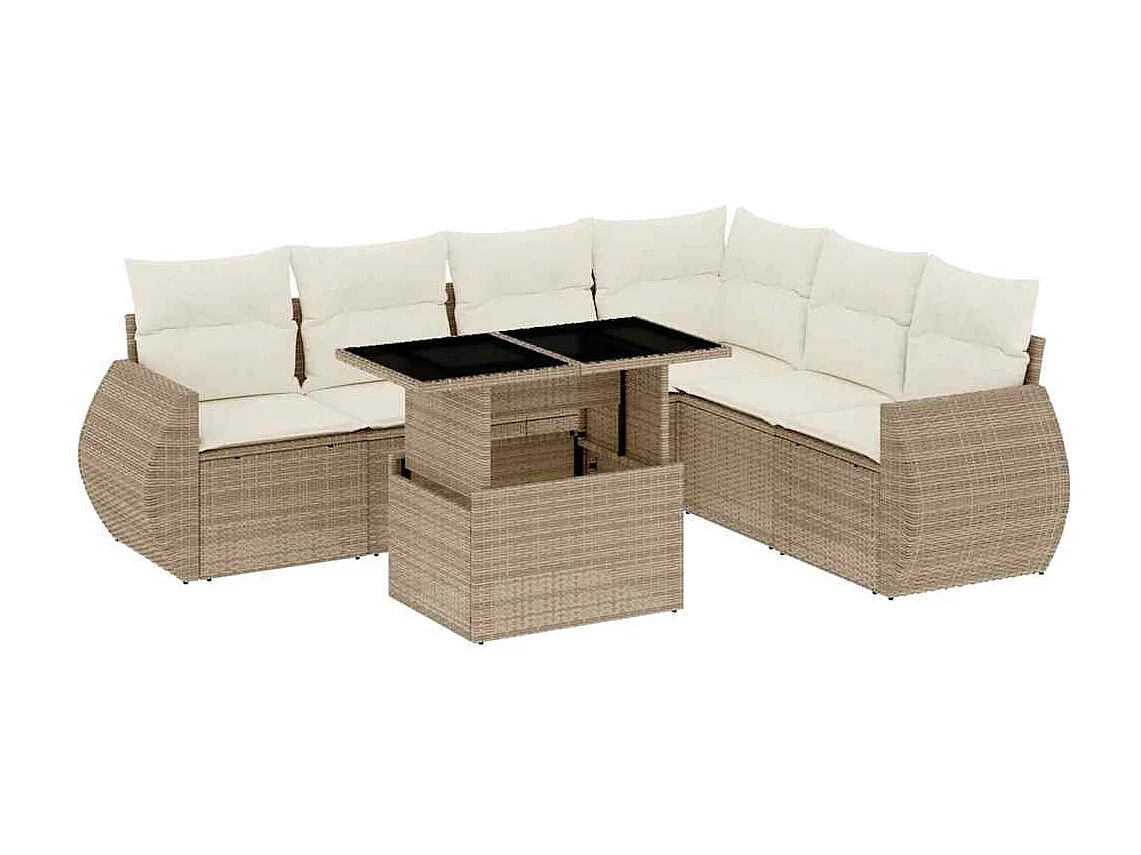 7-delige Loungeset met kussens poly rattan beige