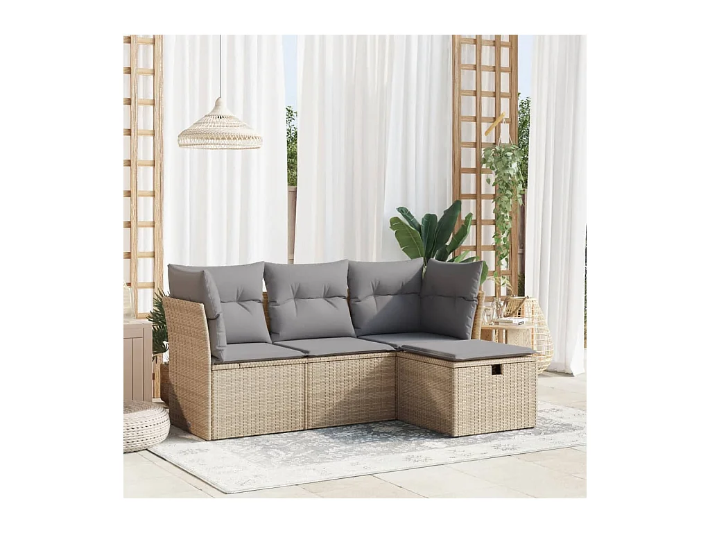 Salon de jardin avec coussins 4 pièces beige résine tressée