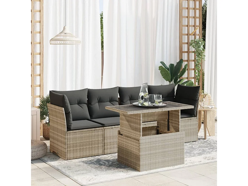 Salon de jardin 5 pièces avec coussins gris clair résine tressée